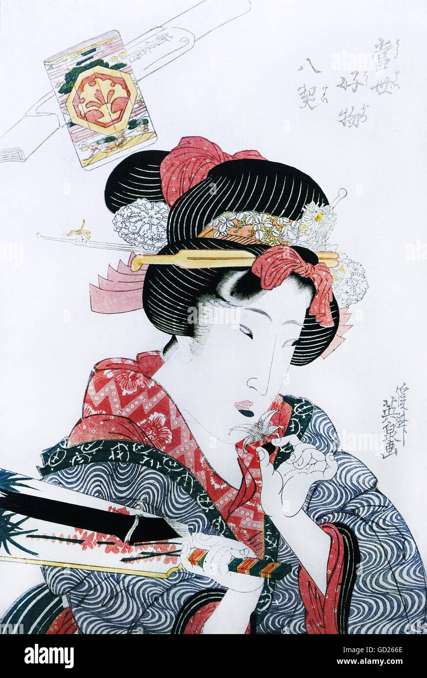 Beaux-arts, Kesai Eisen, (1790-1848), 'Lady avec volant et racket', gravure sur bois, 37x25,5 cm, Japon, 1ère moitié du 19e siècle, collection privée, l'artiste n'a pas d'auteur pour être effacé Banque D'Images