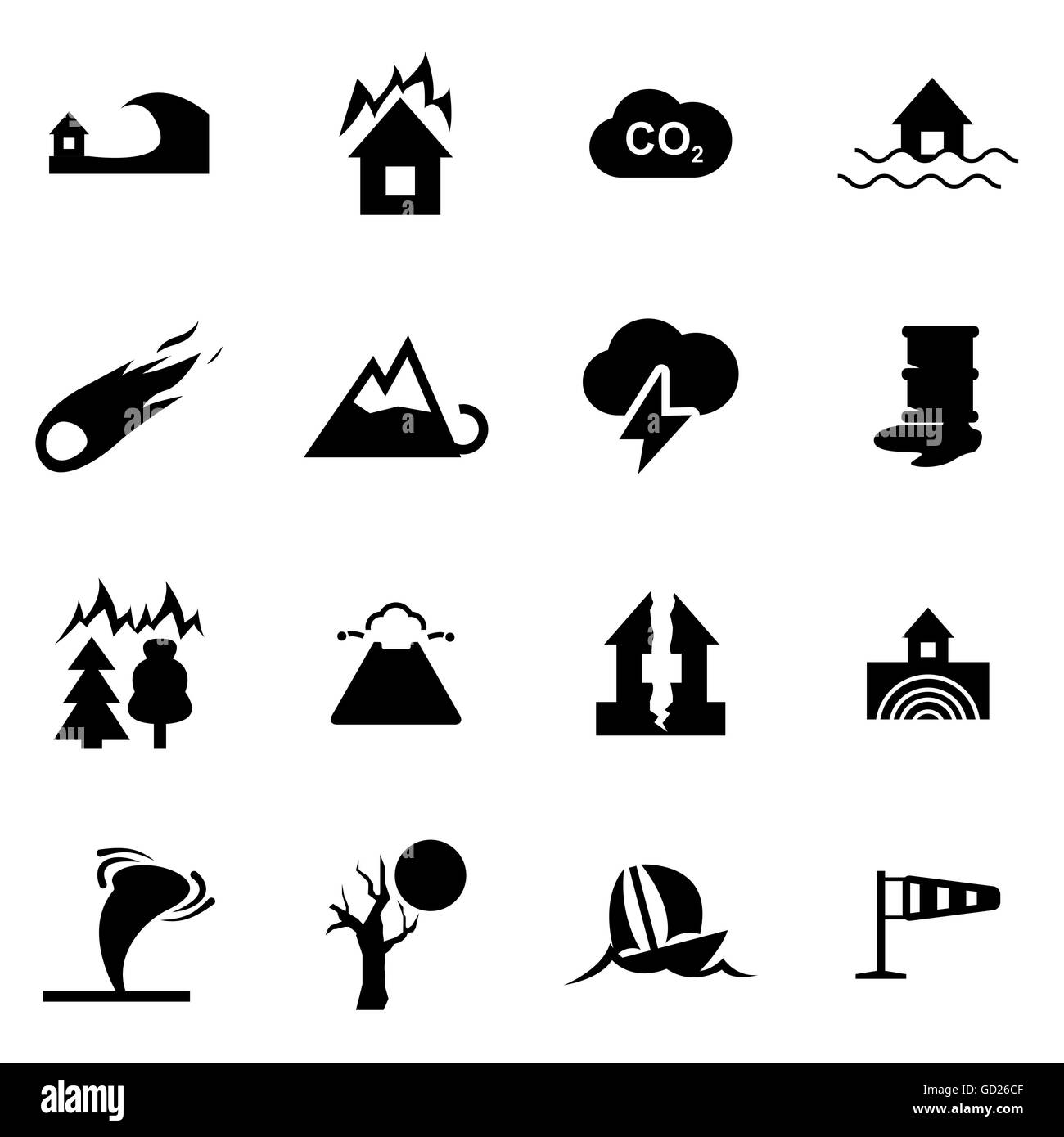 Vector black disaster icon set Illustration de Vecteur