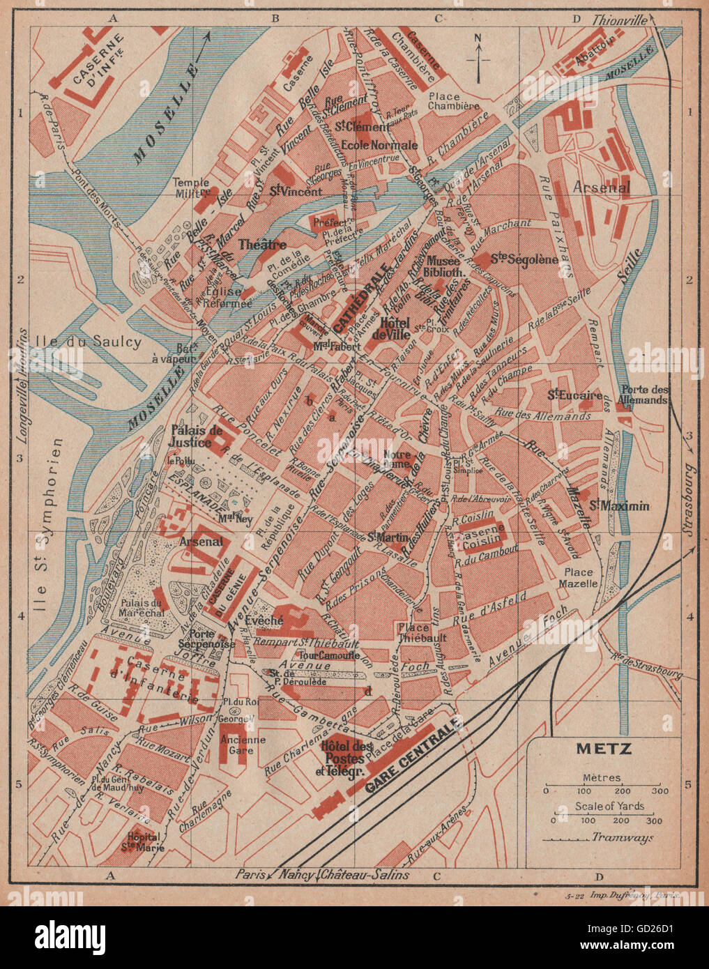 METZ. Vintage town city ville plan carte carte. Moselle, 1922 Banque D'Images