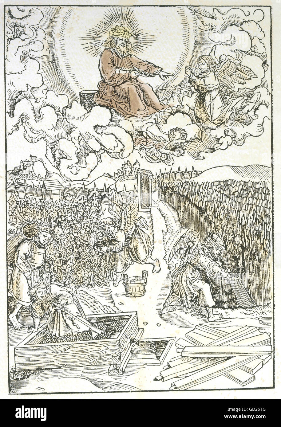 Religion, scènes bibliques, anges coupant le grain et le vin, bois de couleur de l'atelier de Lucas Cranach, 'Newe Testament teutsch' par Martin Luther, imprimé par Melchior Lotter, Wittenberg, 1523, collection privée, , droits additionnels-Clearences-non disponible Banque D'Images