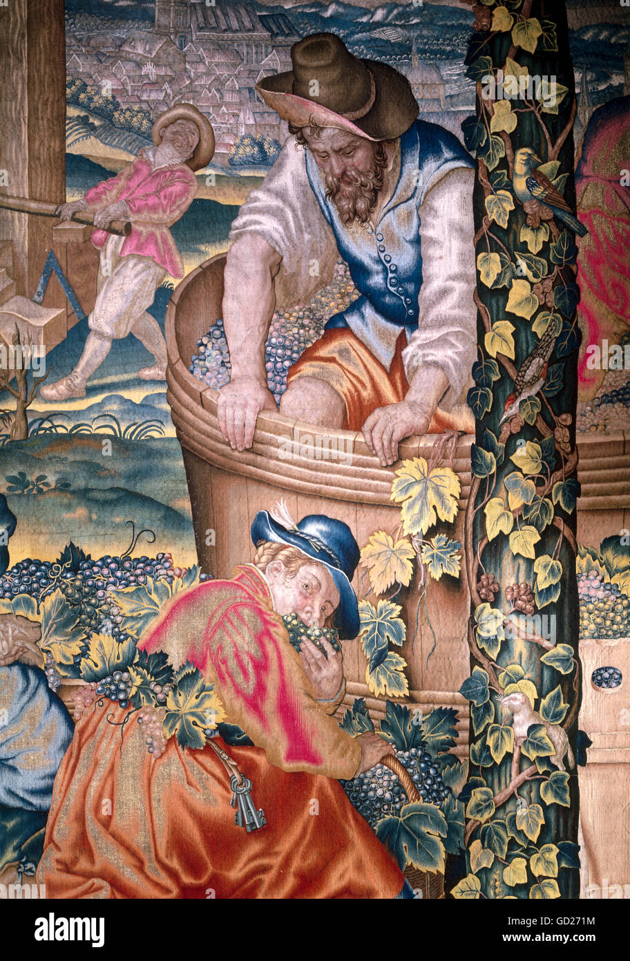 Beaux-arts, tapisserie, 'octobre', vigneron en face de la ville de Landshut, détail d'une tapisserie de la série mois par Hans van der Biest, après les projets par Peter Candide, compagnie à table, chapon rôti sur la table, manufacture, Munich, Munich 1612/1615 Musée Résidence de l'artiste, n'a pas d'auteur pour être effacé Banque D'Images