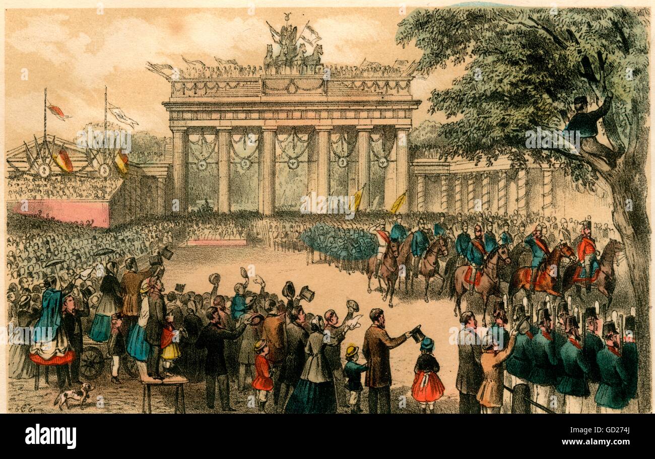 Géographie / voyage, Allemagne, Prusse, texte original de la lithographie: Entrée des troupes triomphantes à Berlin, le 20 septembre 1866 (vous verrez la porte de Brandebourg à Berlin), de la guerre de Prusse pour l'unité allemande, un livre souvenir de la glorieuse année 1866 en texte et en image, de FR. Hoffmann, Berlin, 1867, publié par W. Adolf & Comp. /L. Librairie Hermann, droits-supplémentaires-Clearences-non disponible Banque D'Images