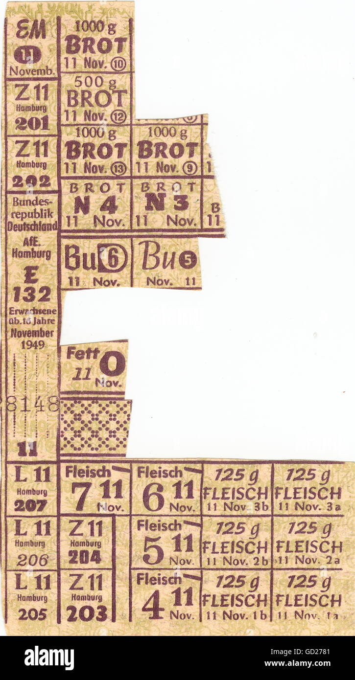 Carte de commerce, de ration alimentaire pour adultes de plus de 16 ans, Hambourg, Allemagne de l'Ouest, valide en novembre 1949, droits supplémentaires-Clearences-non disponible Banque D'Images