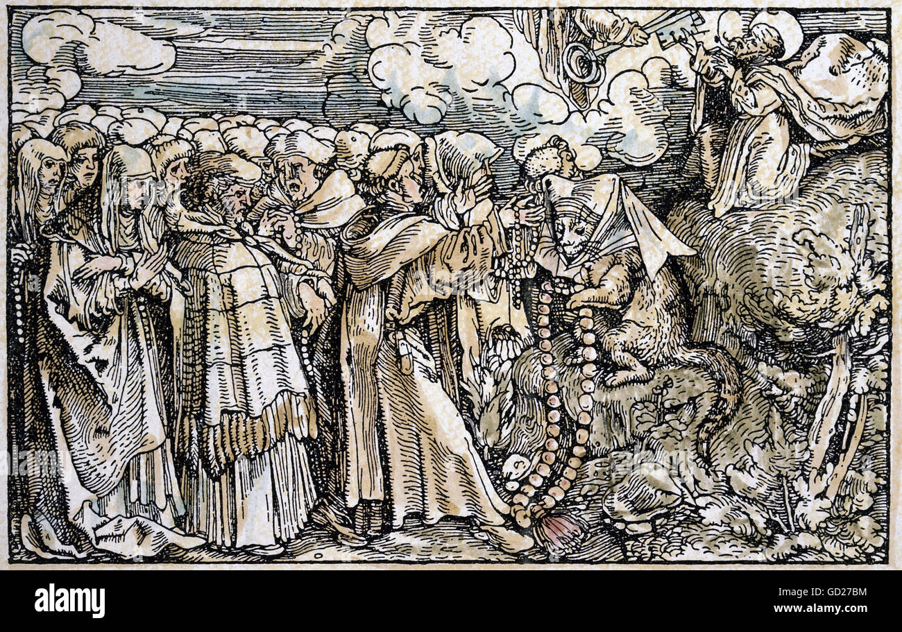 Religion, caricature, 'au sujet de la spiritualité', cape avec rosaire géant et croyants, sans chercher la clé de livraison à Saint Pierre, bois coloré par Maître Petrarca (1532 - 1620) à 'Von der Artzney bayder Glueck' (de correcis usque fortunae 1344/1366), par Francesco Petrarca (1304-1374-Clearences, non disponible Banque D'Images