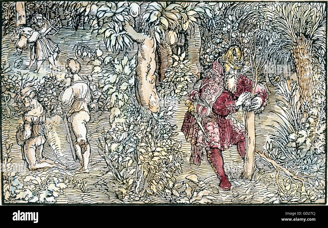 Allégories, 'au sujet des jardins d'épices', la mort de Parmenion et Cicero, et l'empereur Tiberius dans son jardin à Capri, scènes pessimistes des jardins, taillé de bois coloré par Petarca Master (1532 - 1620) à 'Von der Artzney Bayder Glueck' (de remesis Clearusique ae 1344/1366), par Francesco Petrarca (1304-1374-Additional Rights available) Banque D'Images