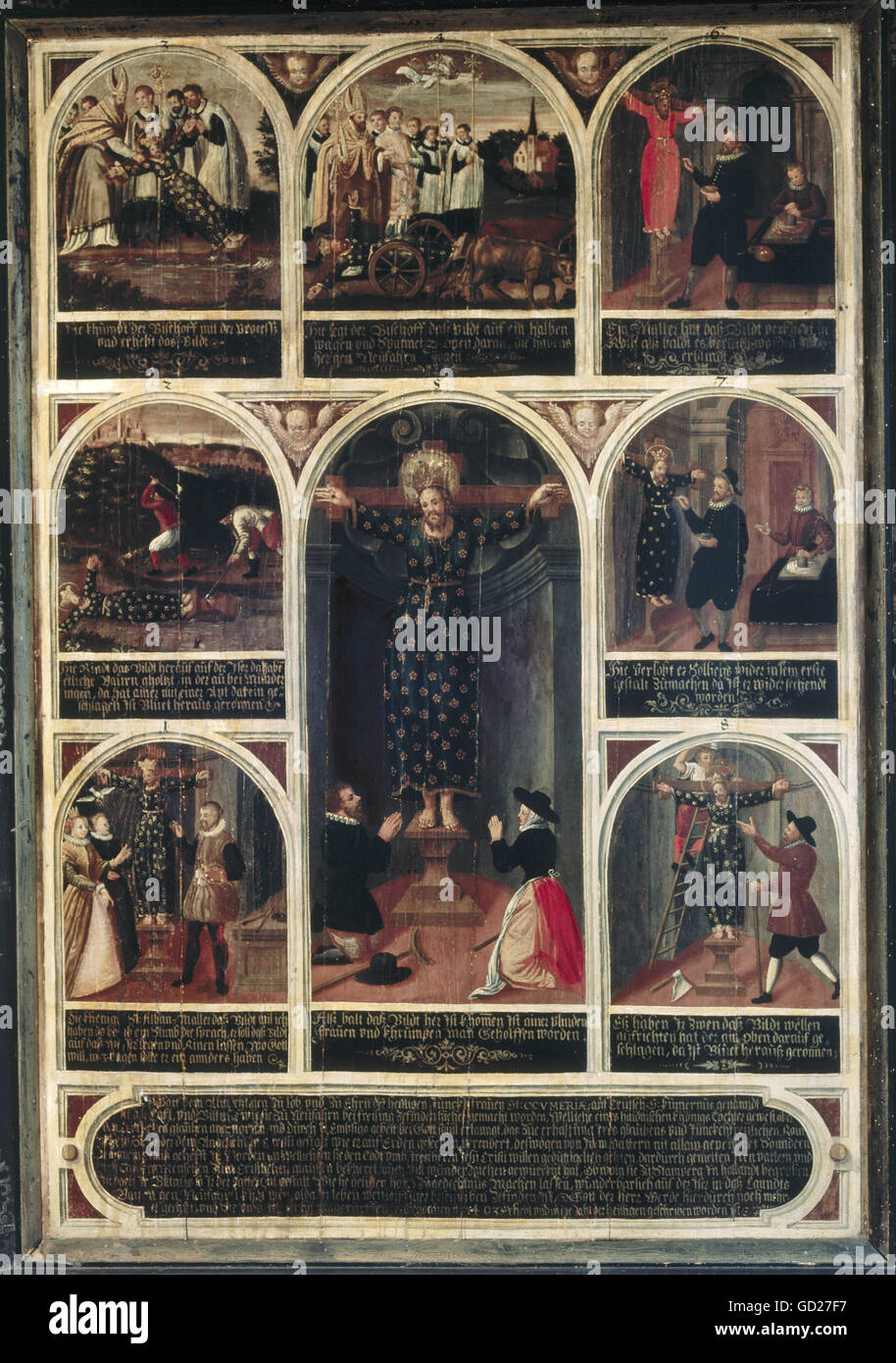 Beaux-arts, art religieux, peinture, 'Saint Wilgefortis avec images votiv', 156x116 cm, début du 17e siècle, l'artiste n'a pas d'auteur pour être effacé Banque D'Images