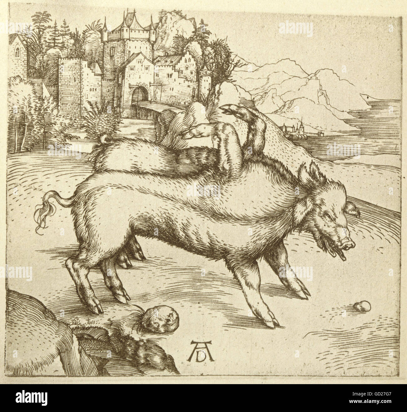 Beaux-arts, Duerer, Albrecht, (1472 - 1528), 'l'miracolous sow de Landser', vers 1496, gravure sur cuivre, 12,1 x 12,7 cm, collection privée, , n'a pas d'auteur de l'artiste pour être effacé Banque D'Images