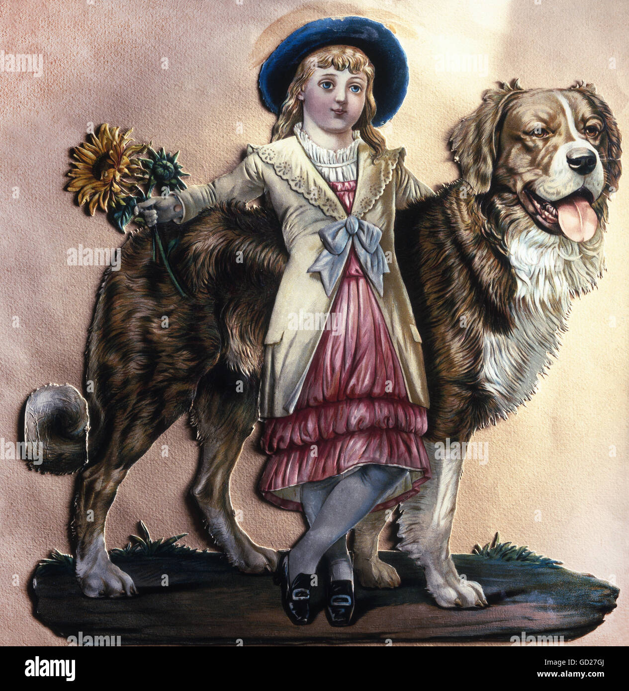 Beaux-arts, estampes, fille avec chien Saint Bernard, Chromolithographie sur papier décoratif, gaufré, percé, vers 1880/1885, collection privée, l'artiste n'a pas d'auteur pour être effacé Banque D'Images