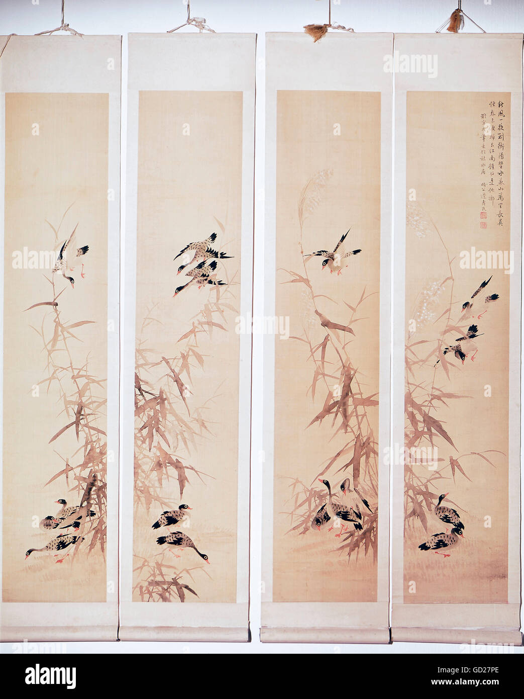Beaux-arts, Pien Shou-min (1684 - 1752), peinture, "les oies sauvages", faites défiler quatre peintures sur papier, 97,5 x 20 cm chaque, vers 1738/1745, collection privée, l'artiste n'a pas d'auteur pour être effacé Banque D'Images
