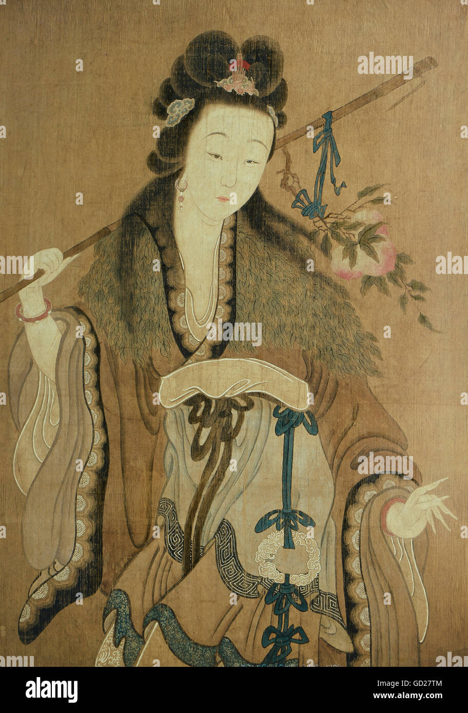 Beaux-arts, peinture, Hsi Wang Mu (Xi Wang Mu), déesse chinoise 'Reine Mère de l'Ouest", faites défiler vers la peinture, encre sur soie, dynastie Ming (1368 - 1644), 158,5 x 79 cm, détail, collection privée, l'artiste n'a pas d'auteur pour être effacé Banque D'Images