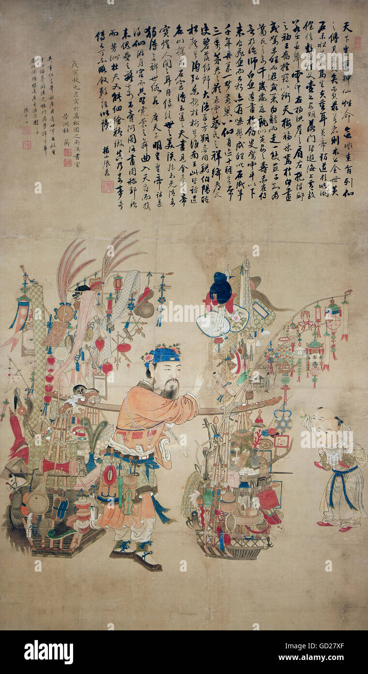 Beaux-arts, peinture sur soie, colporteur avec des jouets, des biens ménagers et de fans, sur la droite deux enfants, faites défiler la peinture, Chine, fin du xviiie siècle, collection privée, l'artiste n'a pas d'auteur pour être effacé Banque D'Images