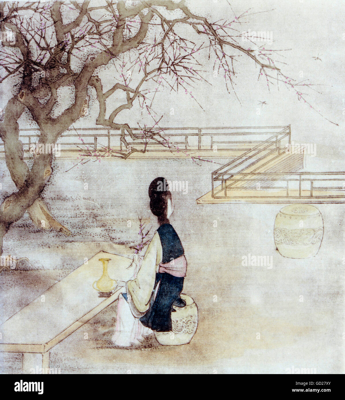 Beaux-arts, peinture sur soie, l'amandier en fleurs avec dame twig assis sur une terrasse dans un parc, l'encre de chine et aquarelles sur soie, artiste inconnu, Chine, Dynastie Yuan (1279 - 1368), National Museum, Taipei, auteur de l'artiste n'a pas à être effacée Banque D'Images