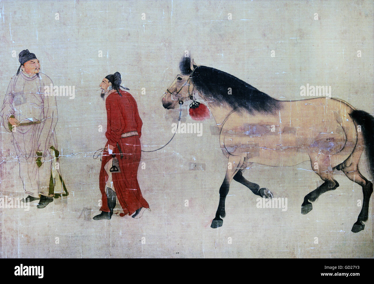 Beaux-arts, peinture sur soie, 'Master et le marié avec cheval au trot', Encre et peinture sur soie, 32,5 x 46,5 cm, artiste inconnu, Chine, dynastie Ming (1368 - 1644), collection privée, l'artiste n'a pas d'auteur pour être effacé Banque D'Images