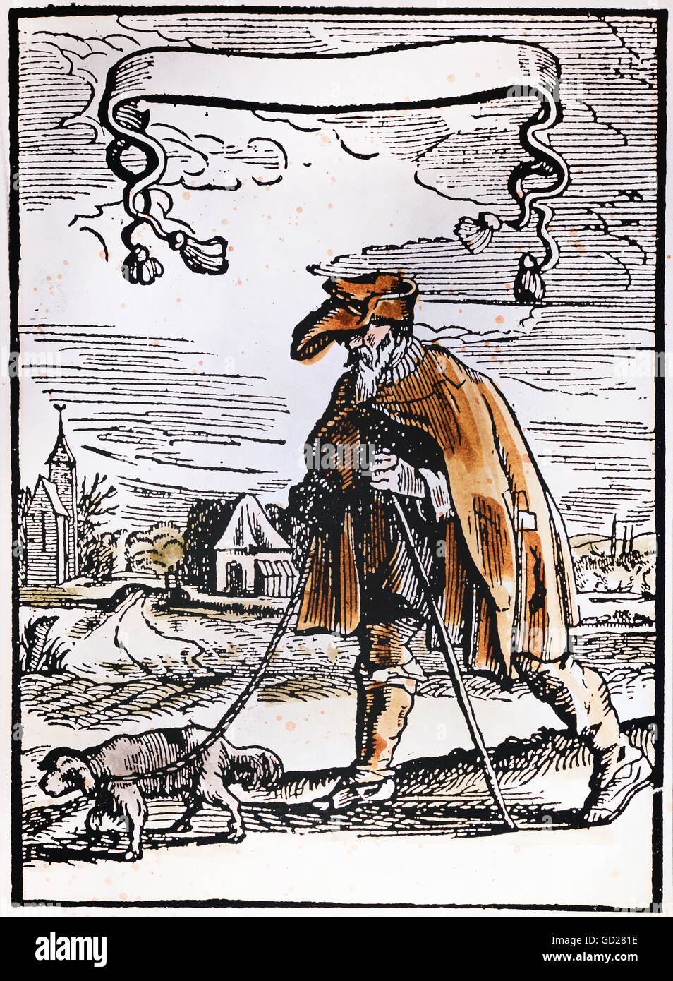 Personnes, difficultés / adversité, mendiant aveugle, conduit par un chien guide, coupe de bois, coloré, pays-Bas, 17ème siècle, collection privée, homme, pauvre, pauvreté, misère, détresse, beaux-arts, mendiant, bâton de marche, néerlandais, historique, historique, hommes, homme, droits additionnels-Clearences-non disponible Banque D'Images