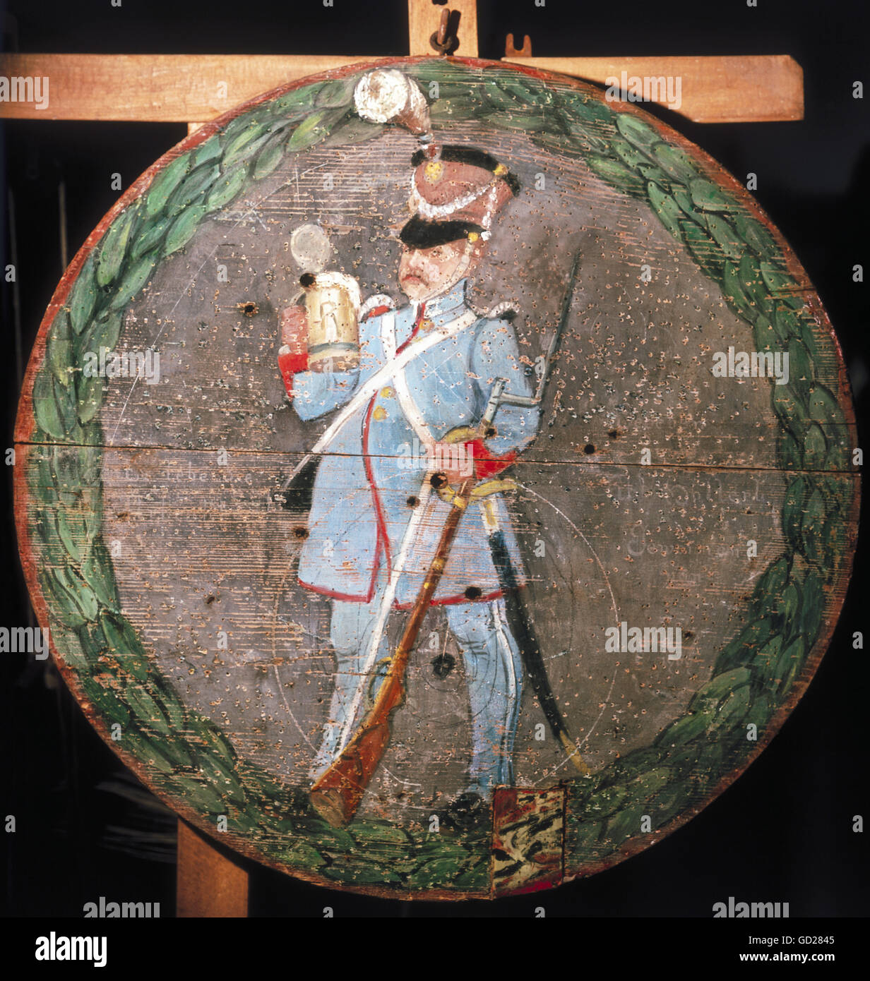 Alcool, bière, soldat de milice boit bière, cible, haute-Bavière, milieu du XIXe siècle, diamètre 63 cm, Prien, musée d'histoire locale, mug, mugs, uniforme, militaire, historique, fusil, fusil, sabre, Bavière, bavarois, allemand, Allemagne, peuple, droits supplémentaires-Clearences-non disponible Banque D'Images