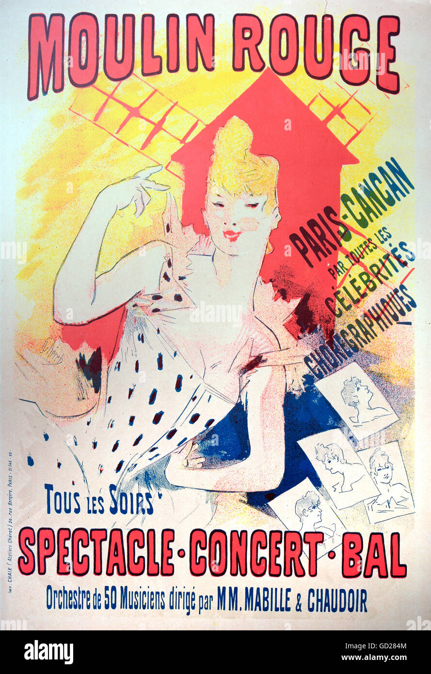 Affiches, affiche publicitaire pour le cabaret 'Poulin Rouge' à Montmartre, Paris, par Jules Cheret (1836 - 1932), lithographie couleur, 60.5 x 41 cm, 1890, Die Neue Sammlung (la nouvelle collection), Munich, droits additionnels-Clearences-non disponible Banque D'Images