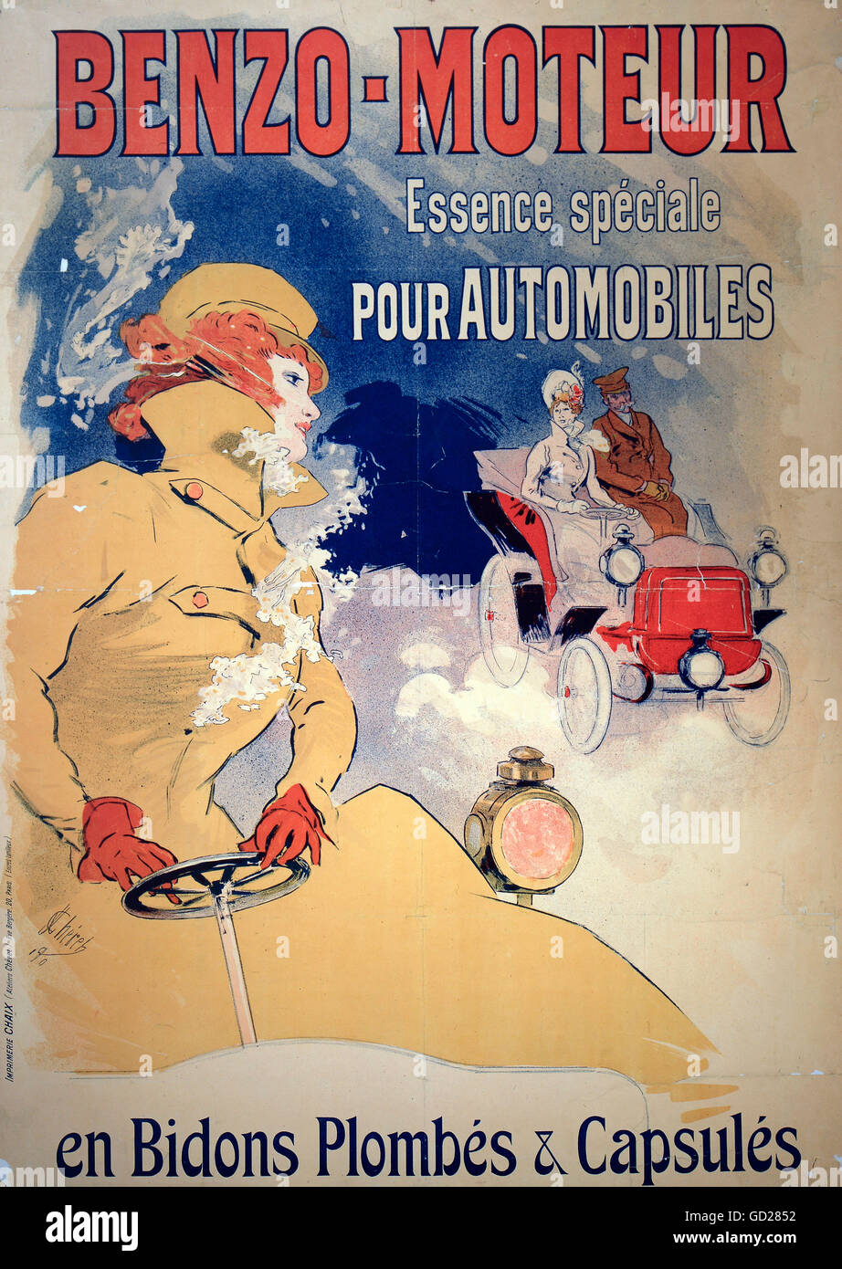 Affiches, affiche publicitaire le combustible 'Benzo Moteur', lithographie couleur, par Jules Cheret (1836 - 1932), Paris, 1890 123 x 86 cm, Neue Sammlung (la Nouvelle Collection), Munich, droits additionnels-Clearences-non disponible Banque D'Images