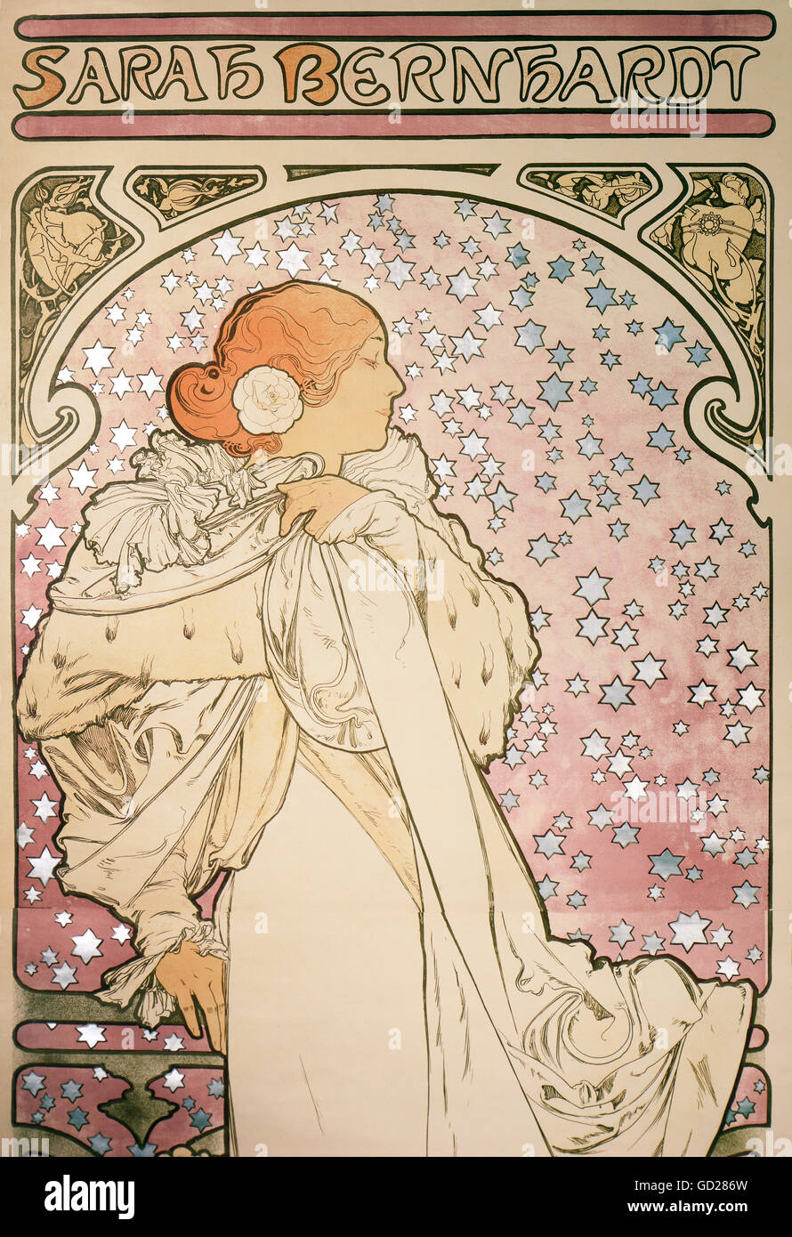 Beaux-arts, Mucha, Alphonse (1860 - 1939), affiche, détail d'une affiche publicitaire du Théâtre de la Renaissance, 'Sarah Bernhardt - La Dame aux camélias" (La Dame aux camélias), lithographie couleur, 207 x 75,5 cm, Paris, 1896, Die Neue Sammlung (La Nouvelle Collection), Munich, auteur de l'artiste n'a pas à être effacée Banque D'Images