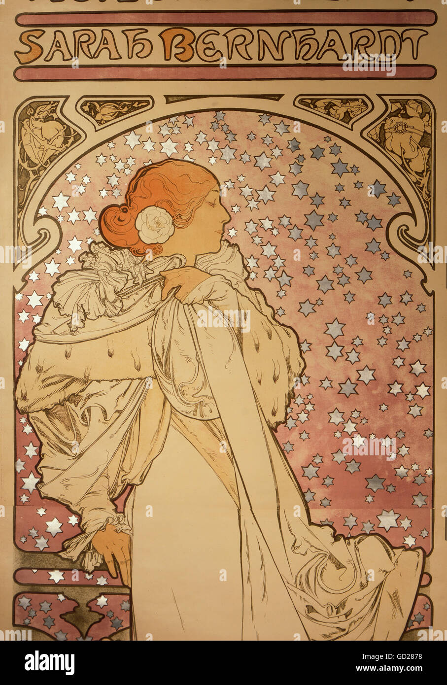 Beaux-arts, Mucha, Alphonse (1860 - 1939), affiche, détail d'une affiche publicitaire du Théâtre de la Renaissance, 'Sarah Bernhardt - La Dame aux camélias" (La Dame aux camélias), lithographie couleur, 207 x 75,5 cm, Paris, 1896, Die Neue Sammlung (La Nouvelle Collection), Munich, auteur de l'artiste n'a pas à être effacée Banque D'Images