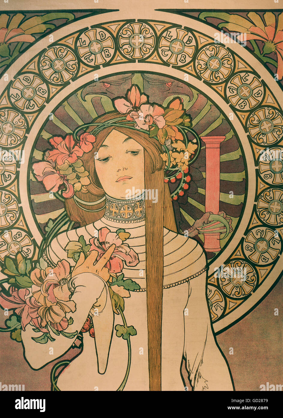 Beaux-arts, Mucha, Alphonse (1860 - 1939), affiche, affiche publicitaire pour 'la' Trappistine liqueur, lithographie couleur, Paris, vers 1895, Die Neue Sammlung (La Nouvelle Collection), Munich, détail, l'artiste n'a pas d'auteur pour être effacé Banque D'Images
