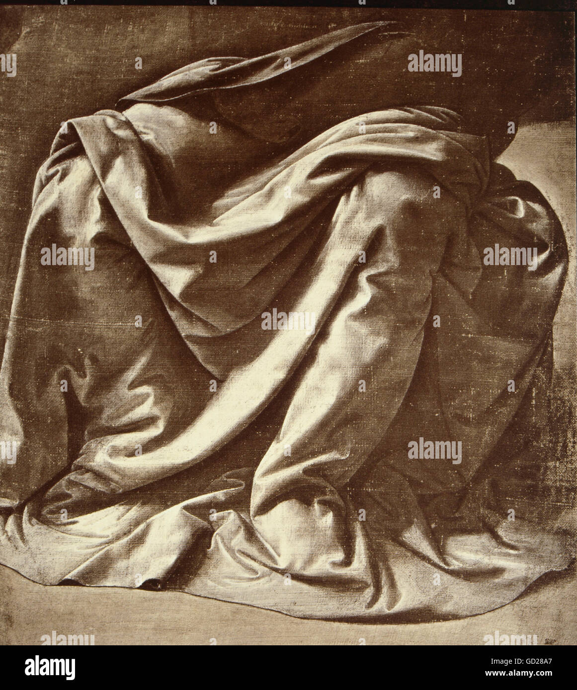 Beaux-arts, Leonardo da Vinci (1452 - 1519), de dessins, de l'habillement pour l'étude d'un personnage assis, brosse et de carré gris sur gris toile, 26,6 x 23,3 cm, vers 1470/1480, Musée du Louvre, Paris, l'artiste n'a pas d'auteur pour être effacé Banque D'Images
