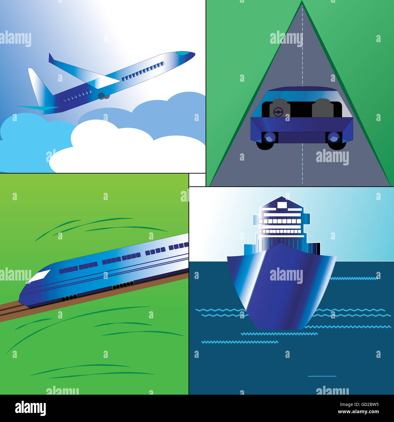 Illustration de principal mode de transport dans le monde.Airways,Rail,quatre wheeler dans une chaussée et voilier. Banque D'Images