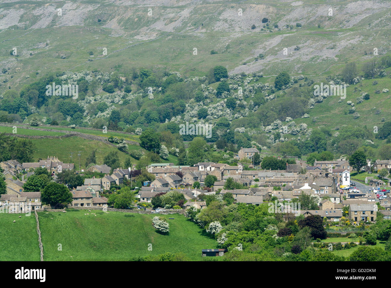 Ville de marché de Reeth au début de l'été, à la recherche d'Harkerside Swaledale, dans le Parc National des Yorkshire Dales. Banque D'Images