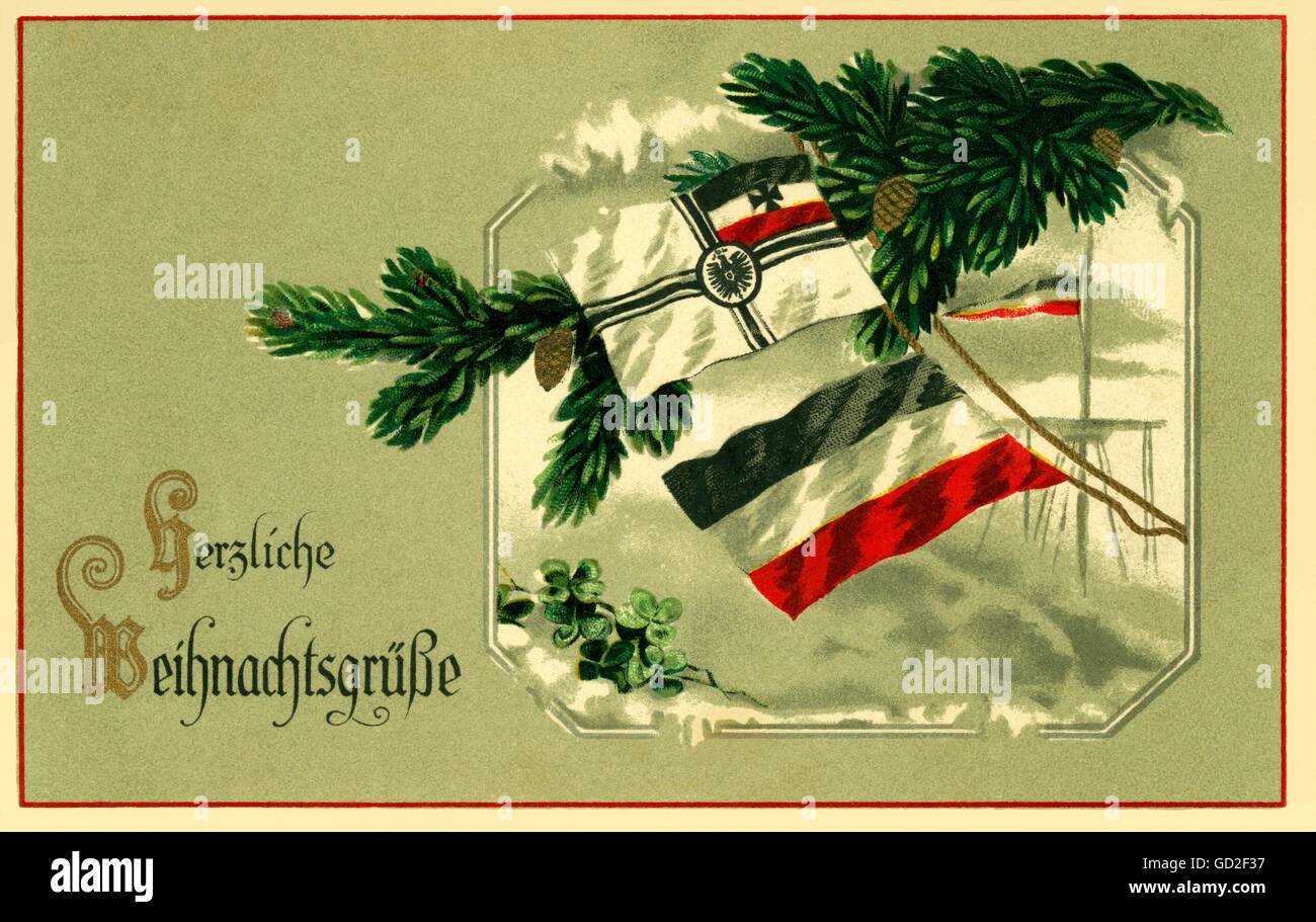 Allemagne, carte de Noël avec le drapeau des navires de guerre (en haut ) et le drapeau de la marine marchande, avec le texte : meilleurs voeux de Noël, à partir de l'époque de la première Guerre mondiale, envoyé 22.12.1916. Allemagne, le Reich allemand, la première Guerre mondiale, carte postale, propagande de guerre, 1910ème, historique, 1910s, 20ème siècle, droits additionnels-Clearences-non disponible Banque D'Images