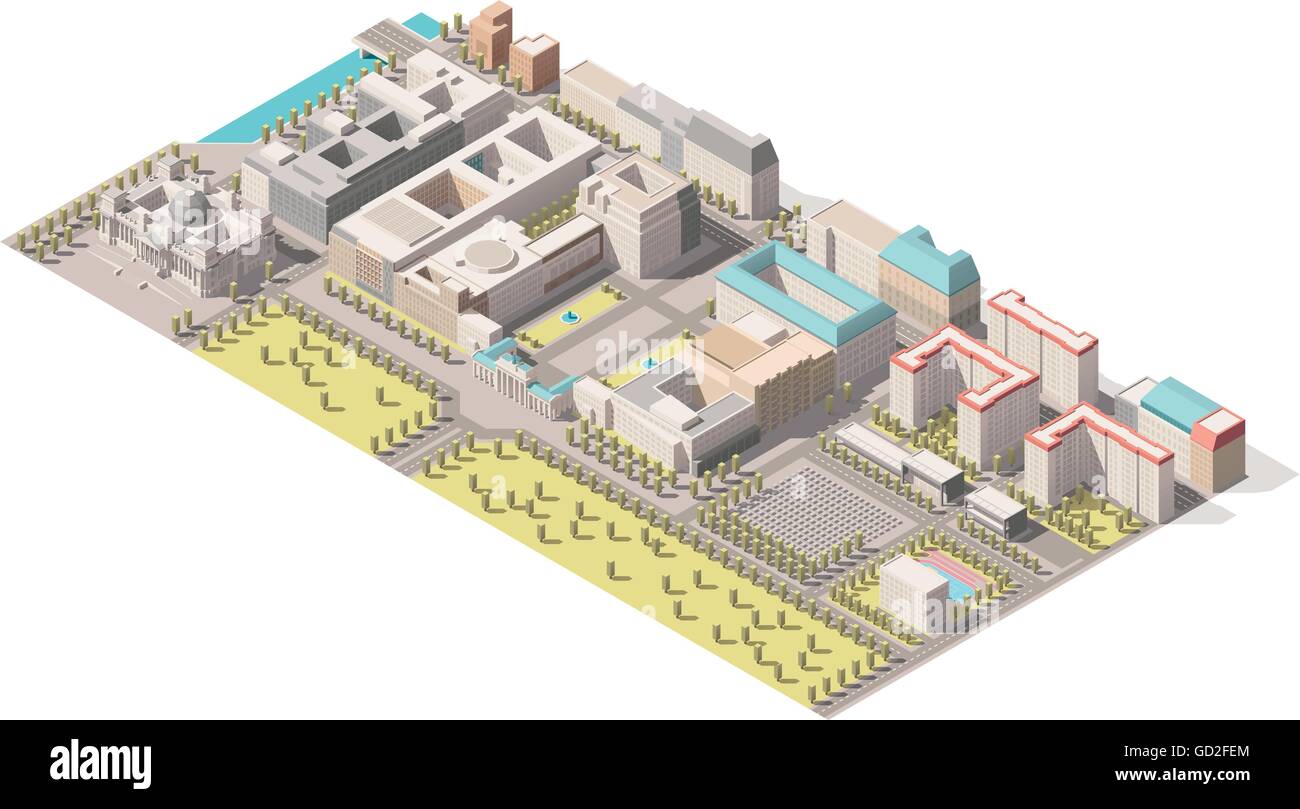 Infographie isométrique vecteur élément représentant une faible carte de poly Berlin, Allemagne. Comprend du Reichstag, porte de Brandebourg, mémorial de l'Holocaust et à proximité des bâtiments de la rue Illustration de Vecteur