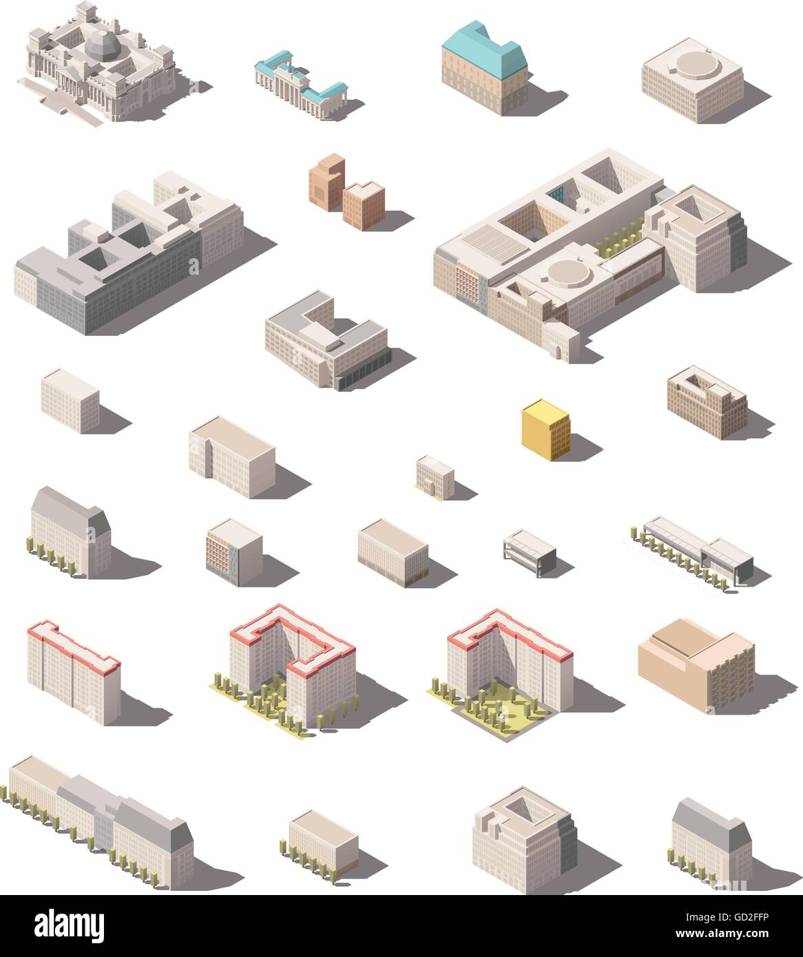 Basse minimaliste isométrique Vector icon set poly ou carte de la ville, bâtiments éléments infographique maisons et bureaux Illustration de Vecteur