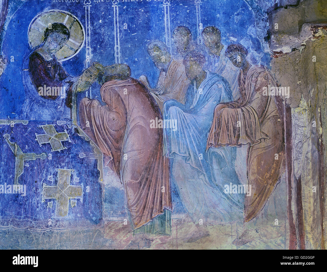Beaux-arts, Bulgarie, fresque, Jésus l'administration de ses disciples la cène, 12e siècle, le réfectoire, Bachkovo monastery, auteur de l'artiste n'a pas à être effacée Banque D'Images