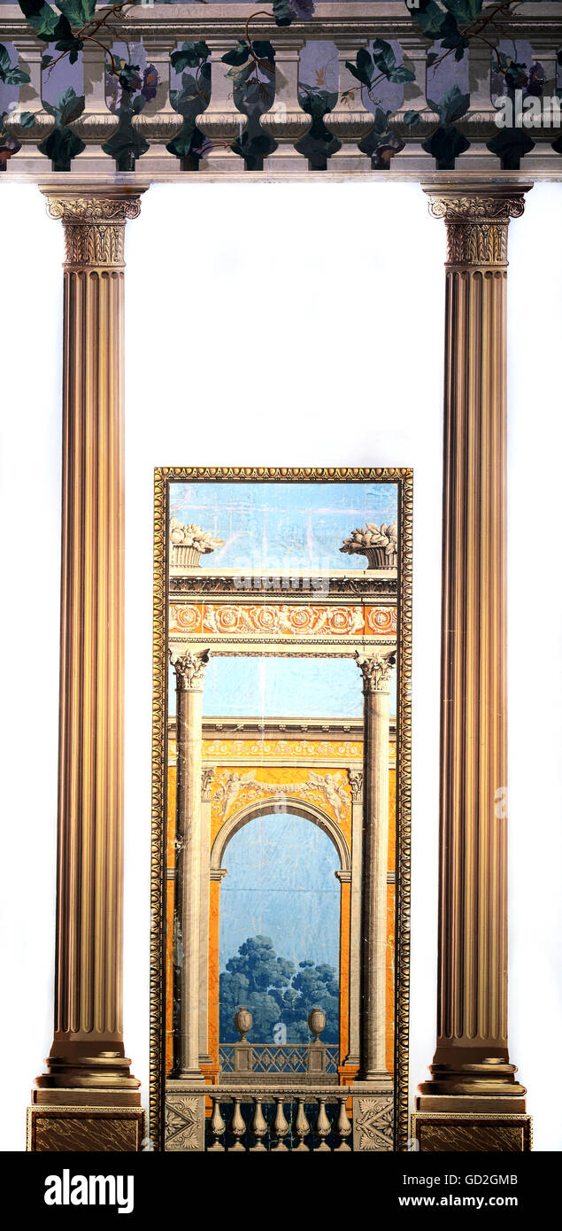 Architecture, vues intérieures, portique et balustrade devant le parc paysage, papier peint, usine Dufour & Leroy, Paris, 1820, droits supplémentaires-Clearences-non disponible Banque D'Images