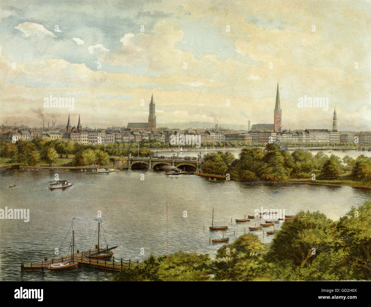 Géographie / Voyage, Allemagne, Hambourg, ponts, vue vers la Lombardsbruecke, carte postale, vers 1899, droits additionnels-Clearences-non disponible Banque D'Images