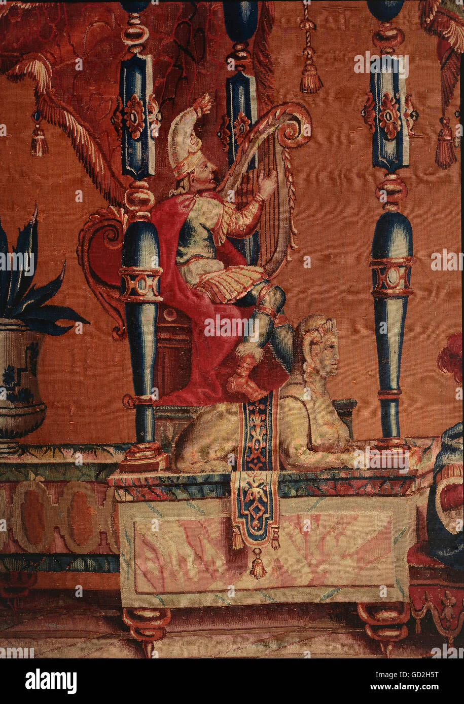 Beaux-arts, tapisserie, musiciens et artiste dans l'architecture fantastique, détail, musicien jouant de la lyre, grotesques, série par Philippe Behagle, après conception par Jean Bérain, Manufacture de Beauvais, vers 1700, la soie, la laine, tricotés, 320 x 498 cm, Musée d'état de Bade, château de Bruchsal, d'auteur de l'artiste n'a pas à être effacée Banque D'Images