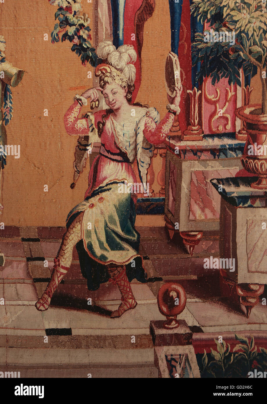 Beaux-arts, tapisserie, danseurs dans l'architecture fantastique, détail, danseur avec tambourin et catanets, à partir de la série grotesques, par Philippe Behagle, après conception par Jean Bérain, Manufacture de Beauvais, vers 1700, la soie, la laine, tricotés, 326,5 x 317 cm, Musée d'état de Bade, château de Bruchsal, d'auteur de l'artiste n'a pas à être effacée Banque D'Images