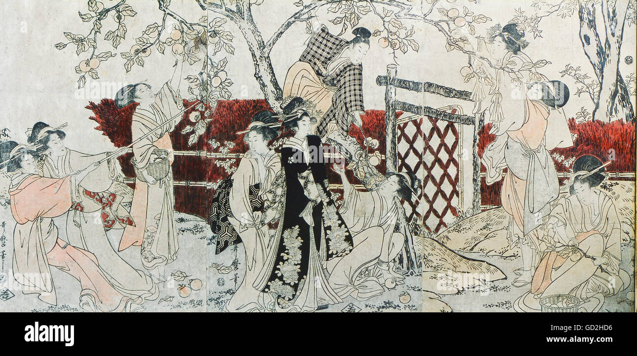Beaux-arts, Kitagawa Utamaro, (1753 - 1806), graphique, 'Harvest of Japanese persimmon', triptyque, fin du xviiie siècle, la gravure sur bois en couleur, H.P.sa collection, Bâle, l'artiste n'a pas d'auteur pour être effacé Banque D'Images