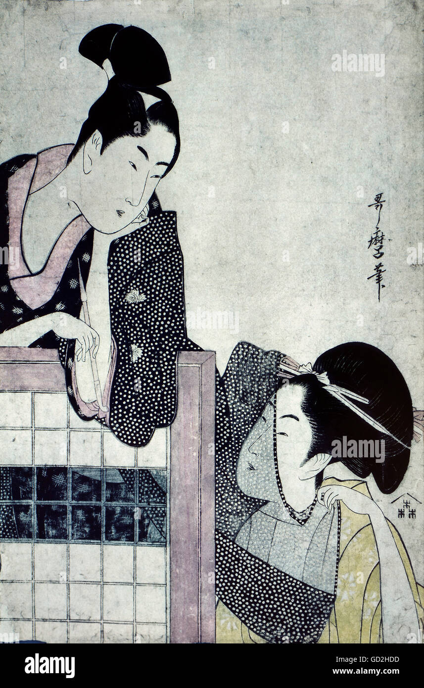 Kitagawa Utamaro, (1753 - 1806), graphique, 'Couple', 18e siècle, couleur gravure sur bois, la propriété privée, l'artiste n'a pas d'auteur pour être effacé Banque D'Images