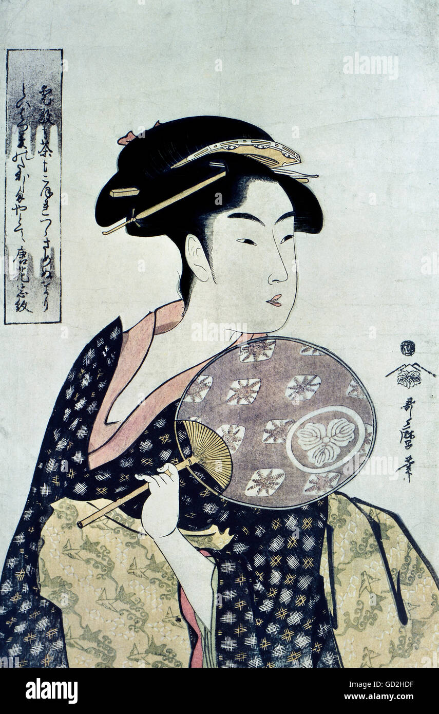 Kitagawa Utamaro, (1753 - 1806), graphique, "la maison de thé de l'Ohisa fille Takashima house', 18e siècle, la gravure sur bois en couleur, collection privée, l'artiste n'a pas d'auteur pour être effacé Banque D'Images