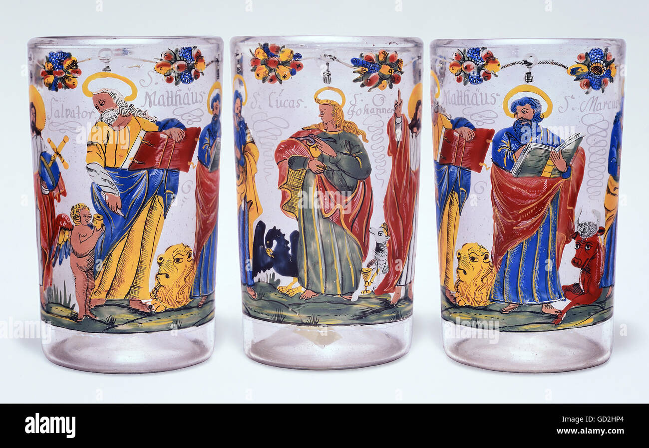 Beaux-arts, peinture sur verre, évangéliste goblet, sur trois côtés, évangélistes Marc, Matthieu et Jean, l'Allemagne, fin du 17e siècle, l'artiste n'a pas d'auteur pour être effacé Banque D'Images