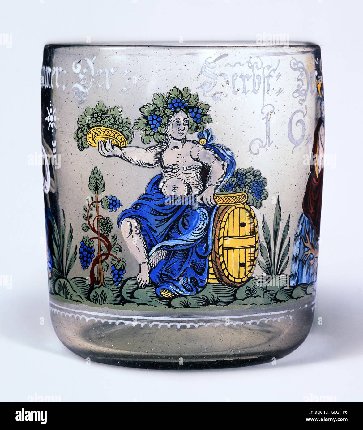 Beaux-arts, peinture sur verre, gobelet, automne, saisons, Bacchus avec la vigne, les raisins et le baril, l'Allemagne, 1673, l'artiste n'a pas d'auteur pour être effacé Banque D'Images