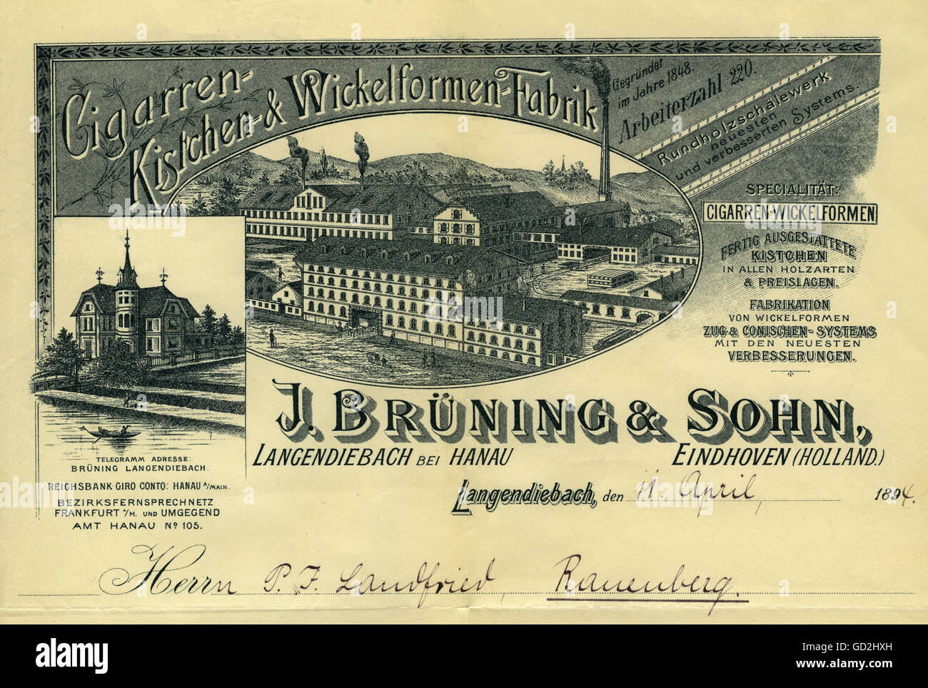 Documents,Cigarren-Kistchen-Wickelformen Factory J. Bruening & son,Langendiebach près de Hanau,établi 1848,nombre de travailleurs: 220,en-tête,Allemagne,1894,saut,détails,chef de facture,gravure en acier,gravures en acier,vue de l'entreprise,site de l'entreprise,vue de l'usine,sociétés,sociétés,sociétés de vente,producteurs de cigares,entreprise,production de cigares,production de cigares,production de cigares,fabricant de cigares,industrie-cigares,production de cigares,industrie-cigares,production de cigares,industrie-cigares,industrie-cigares,fabricant de cigares,industrie-cigares,industrie-cigares,fabricant,industrie-cigares,production,production,production,usine,production de cigares, Banque D'Images