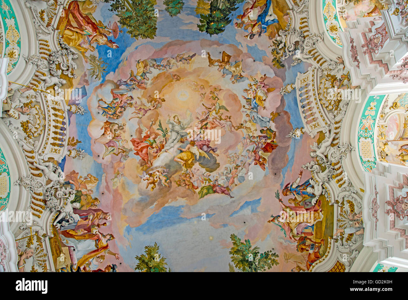 Beaux-arts, baroque, Saint Marie comme Reine du ciel avec les quatre parties du monde, fresque au plafond par Johann Baptist Zimmermann, 1728, 1731, auteur de l'artiste n'a pas à être effacée Banque D'Images