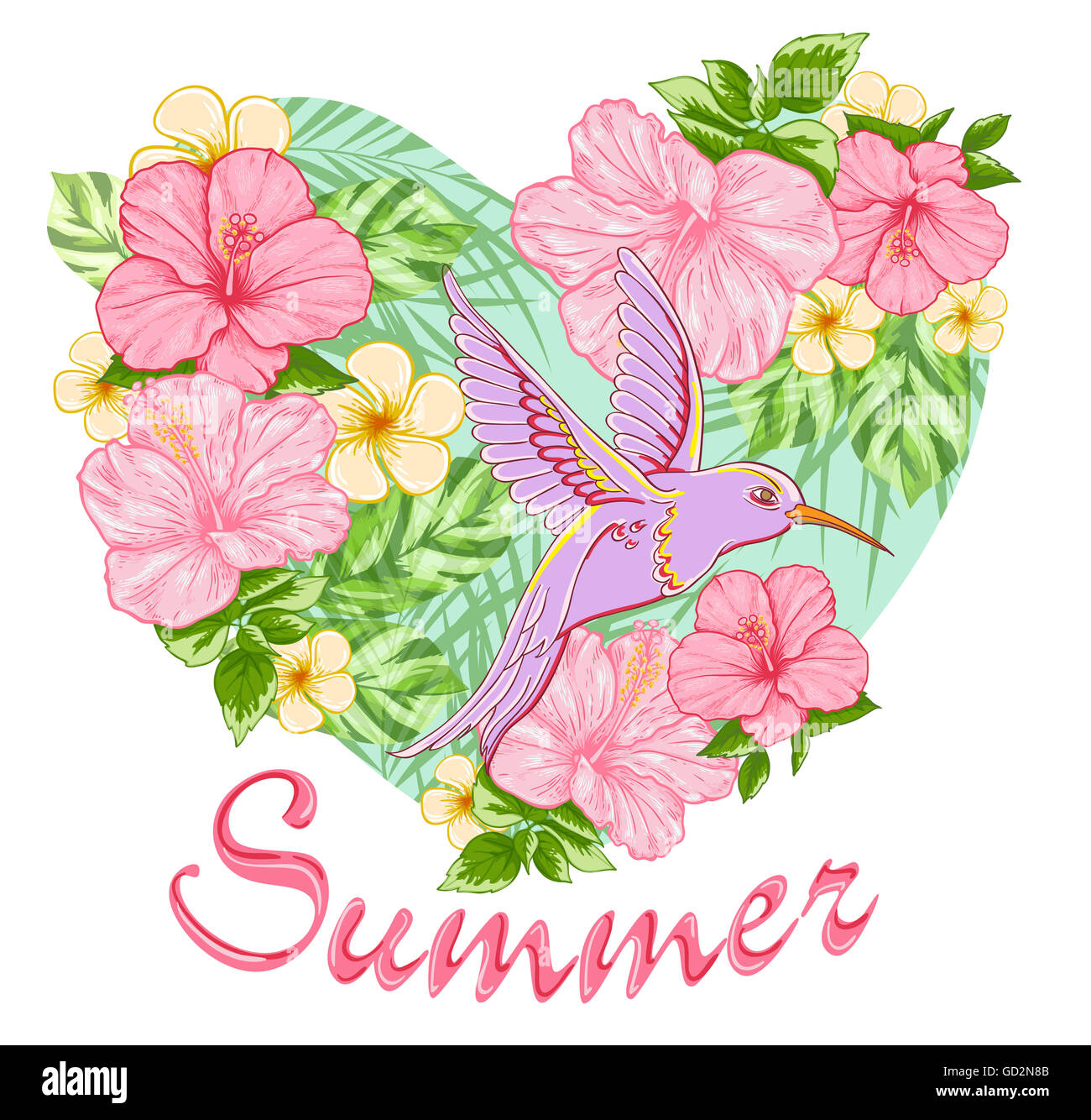 Fleurs TROPICALES Rose et oiseau. Fond d'été avec coeur floral. Banque D'Images