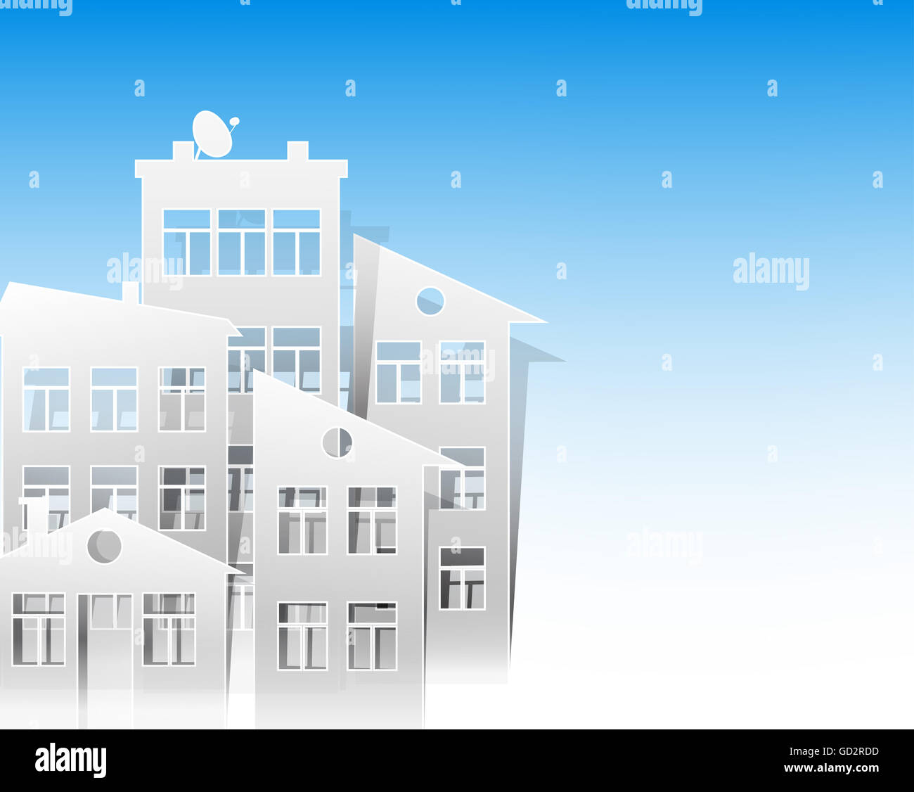 Maisons blanches de style papier découpé comme symboles de l'immobilier sur fond de ciel bleu Banque D'Images