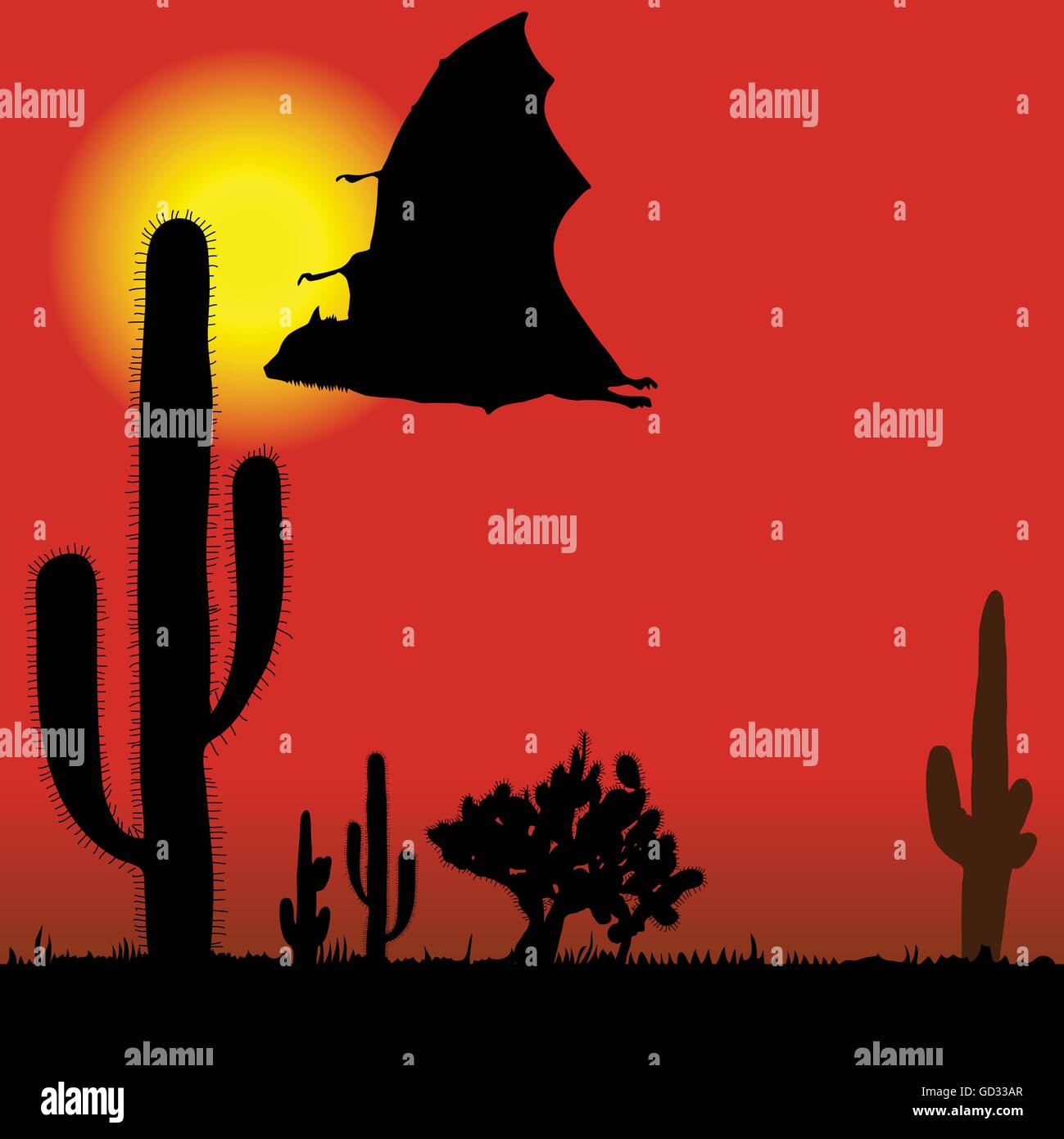 Flying bat silhouette noire et cactus illustration Illustration de Vecteur