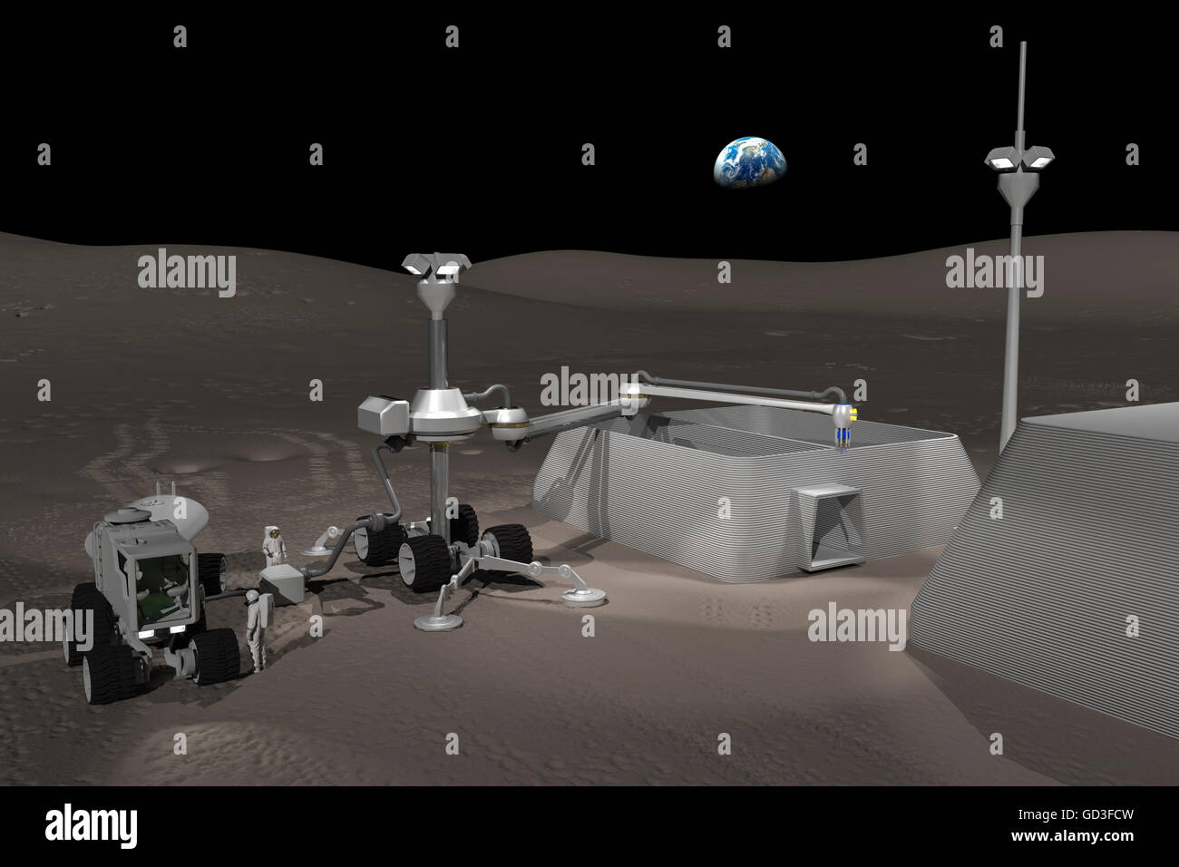 Les astronautes useing une imprimante 3D pour construire les habitats sur la lune. Banque D'Images