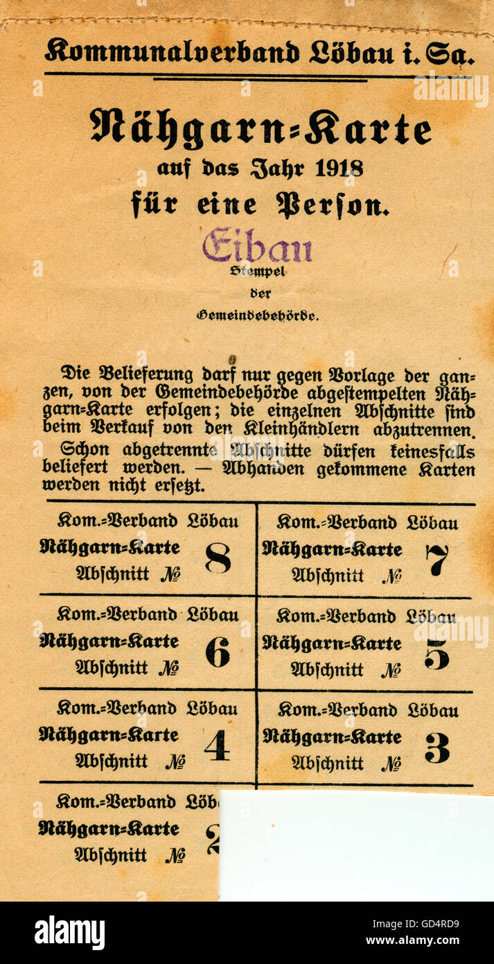 Allemagne , première Guerre mondiale , carte de rationnement pour le coton à coudre , dans ce cas de la municipalité Eibau / Oberlaussitz / Saxe , gouvernement local Löbau en Saxe , 1918, droits-supplémentaires-Clearences-non disponible Banque D'Images