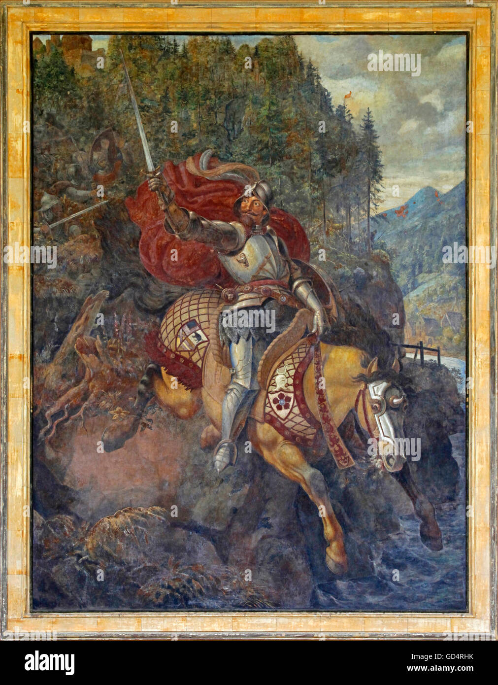 Beaux-arts, peinture 'Der' Grafensprung, knight Wolf von Eberstein sur l'échapper, sautant par dessus la rivière Murg, auteur de l'artiste n'a pas à être effacée Banque D'Images