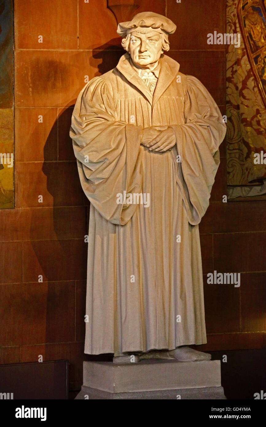 Statue de reformage reformer Johannes Bugenhagen, créé en 1903 par Fritz Heinemann et Richard Alte Postvilla, Melanchthon Chambre, Memorial Hall, Bretten, Kraichgau, district de Karlsruhe, Bade-Wurtemberg, Allemagne Banque D'Images