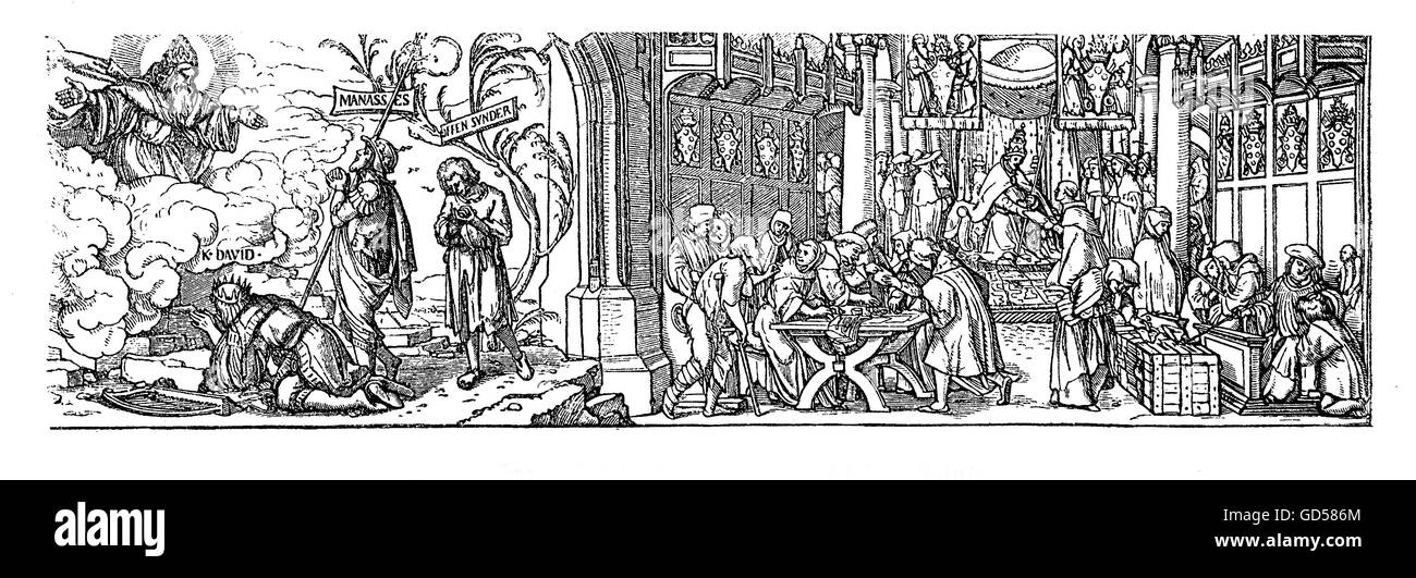 Gravure sur bois par Hans Holbein (1497-1543), 'Die wahre und die falsche Vergebung der Suenden', contre la pratique catholique de l'indulgence. Banque D'Images